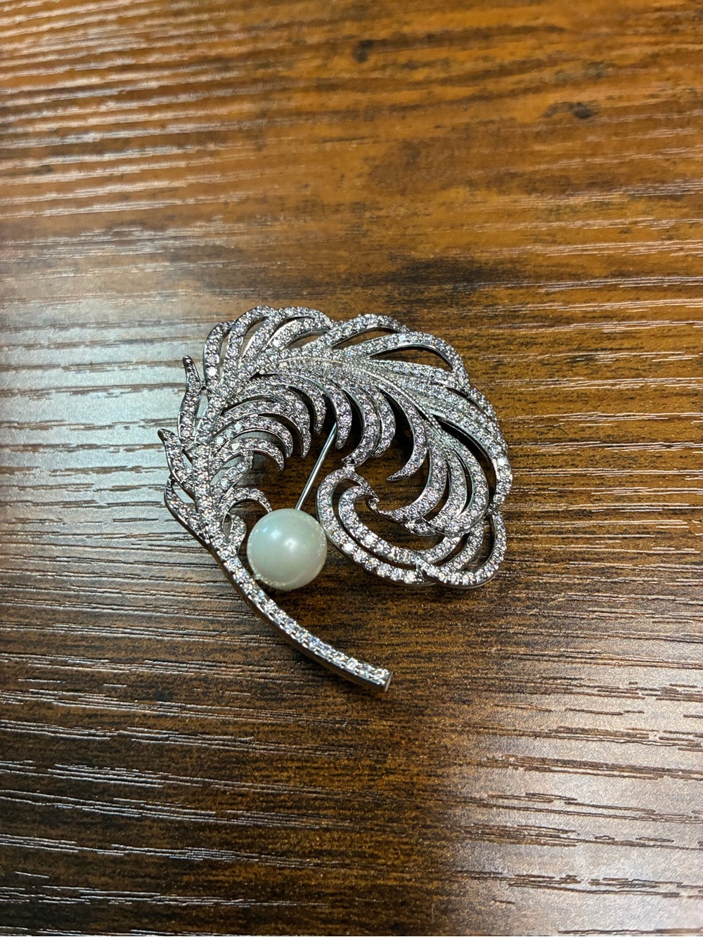 Pearl & Crystal Feather Brooch - Silver Tone